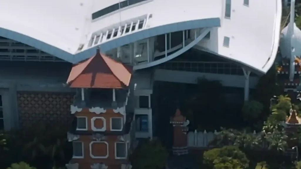 Aerial view of the terminal roof and Balinese gate at Ngurah Rai International Airport