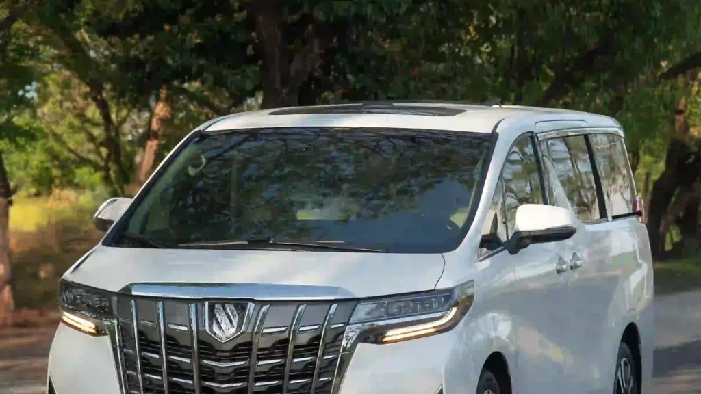 White Toyota Alphard, three-quarter front view